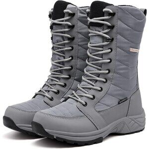 Women's Grey Waterproof Winter Snow Boots with Zipper Insulated Mid Calf